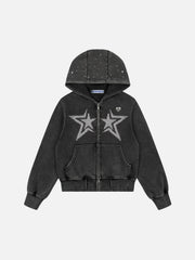 [Pre-Order] Aelfric Eden Cropped Rhinestone Star Zip Up Hoodie